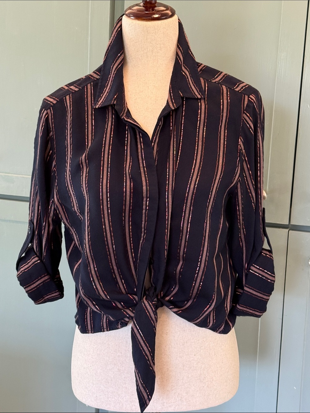 Bella Dahl Black Button-Front Tie Hem Blouse with Copper Stripes